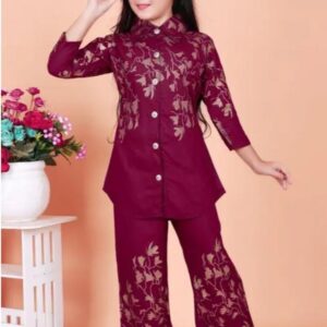 Girls’ Maroon Floral Embroidered Party Wear Co-ord Set