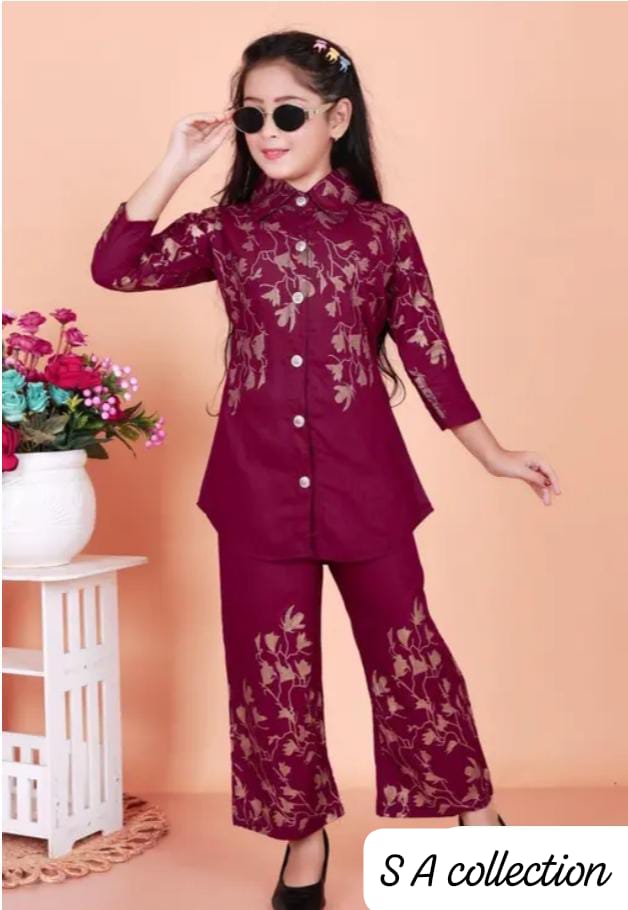 Girls’ Maroon Floral Embroidered Party Wear Co-ord Set