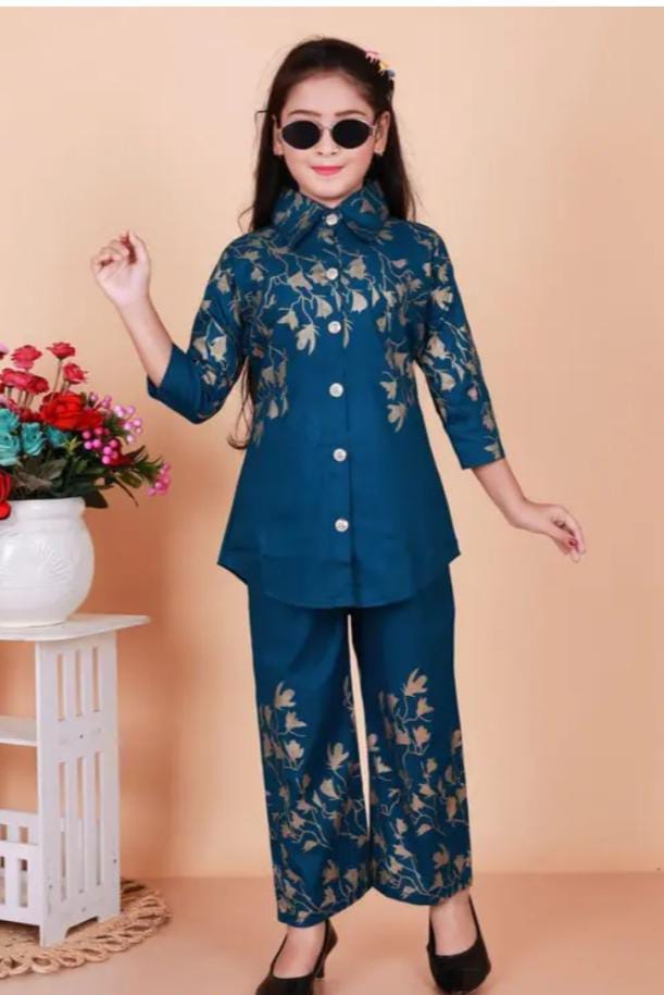 Girls’ Maroon Floral Embroidered Party Wear Co-ord Set - Image 3