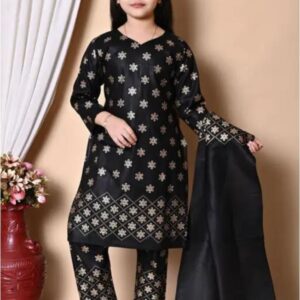 Girls Black Golden Printed Ethnic Suit Set with Dupatta – Party & Festive Wear