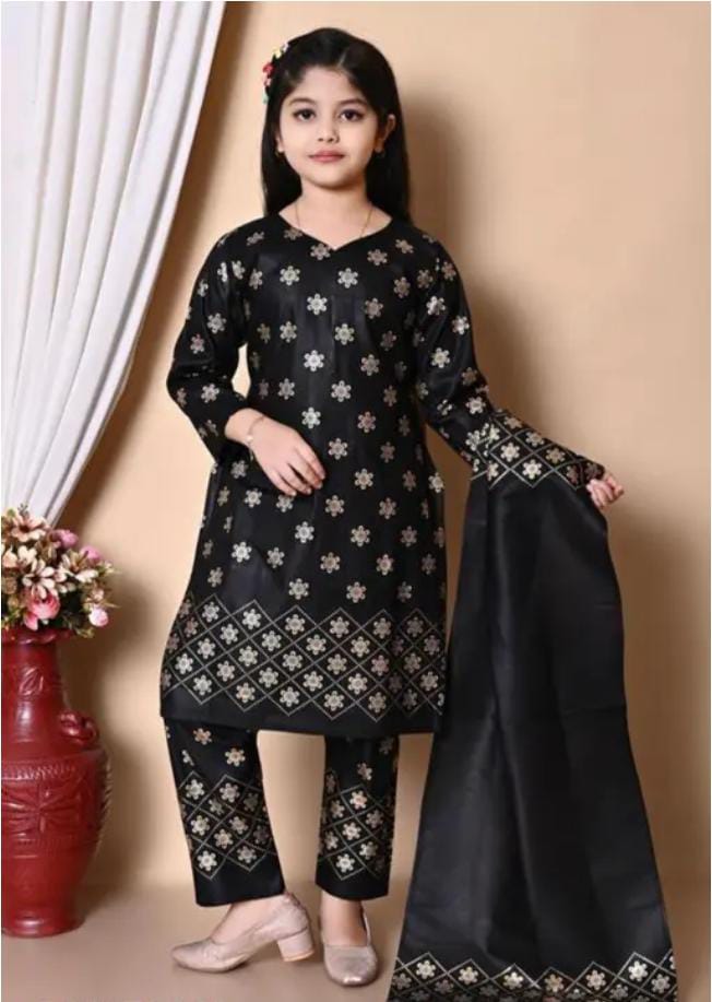 Girls Black Golden Printed Ethnic Suit Set with Dupatta – Party & Festive Wear
