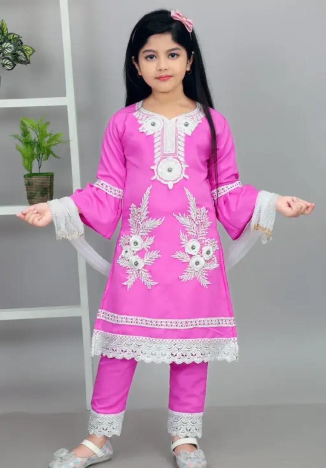 Girls Sky Blue Embroidered Suit with White Lace & Dupatta – Festive Ethnic Wear - Image 2