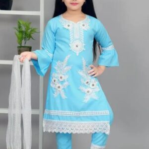 Elegant sky blue embroidered girls’ suit with white lace, matching trousers, and dupatta – perfect for festive and special occasions.