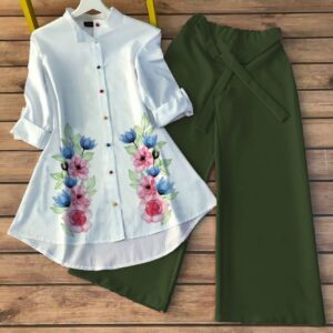 Floral White Kurti & Olive Green Palazzo Set