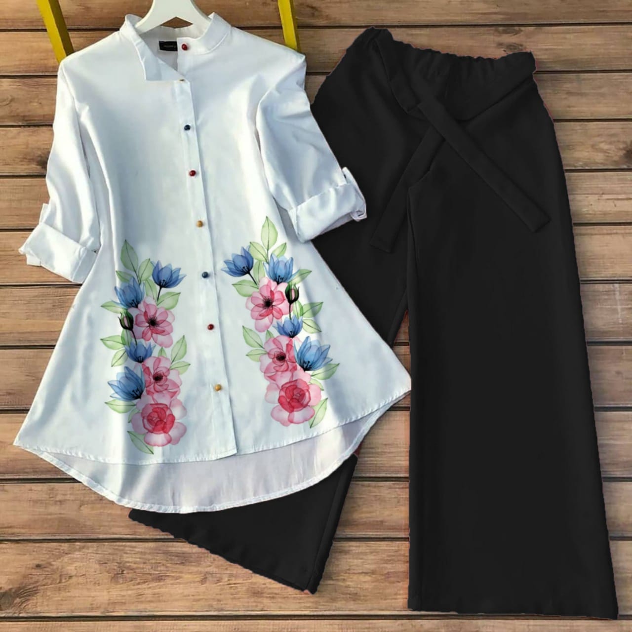 Floral White Kurti & Olive Green Palazzo Set - Image 4