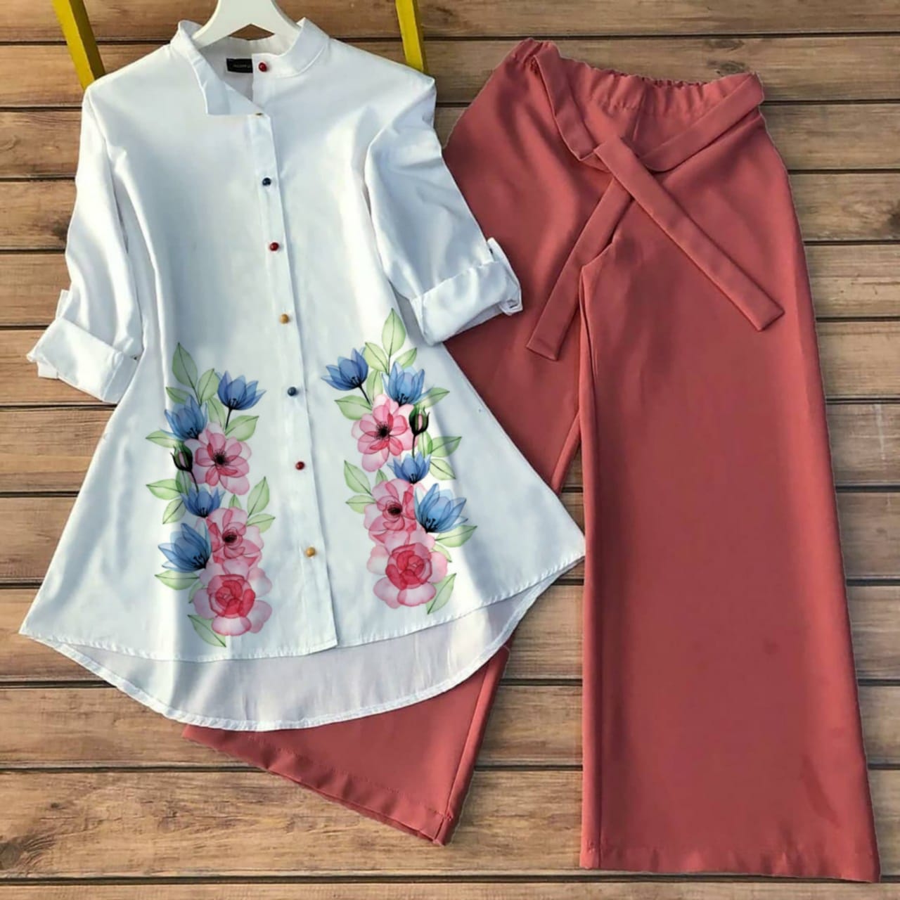 Floral White Kurti & Olive Green Palazzo Set - Image 3