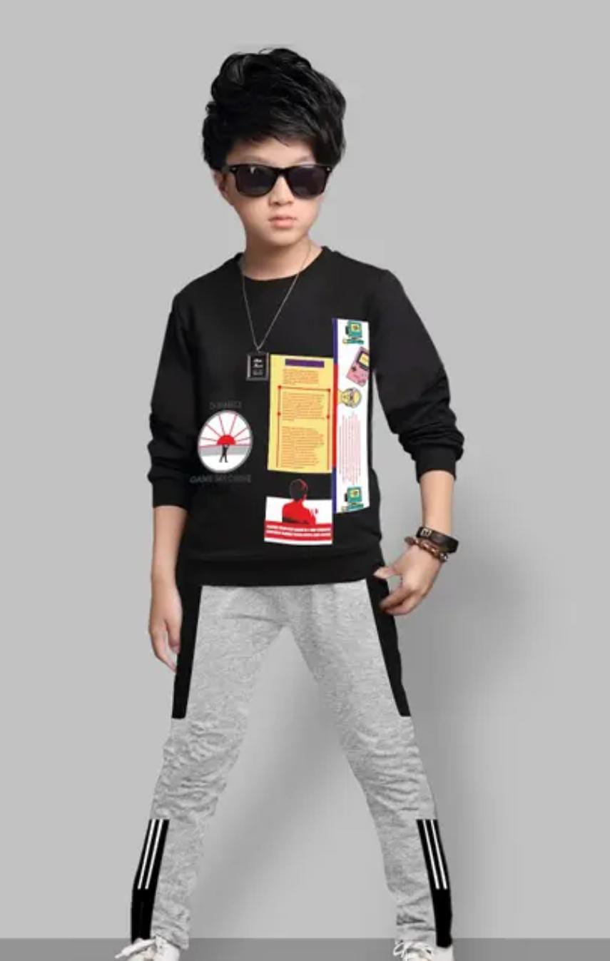 Trendy Boys’ Yellow Printed Sweatshirt with Black and Red Track Pants – Casual Sportswear Set - Image 4