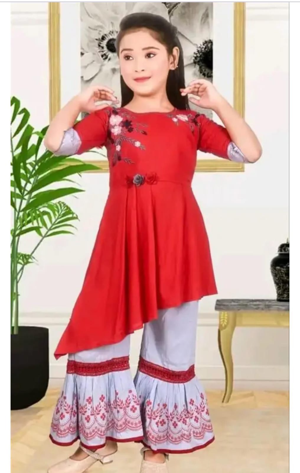 No.1 Choice for Kids Ethnic Wear – Trendy Girls Kurti Palazzo Set with Embroidered Palazzo - Image 2