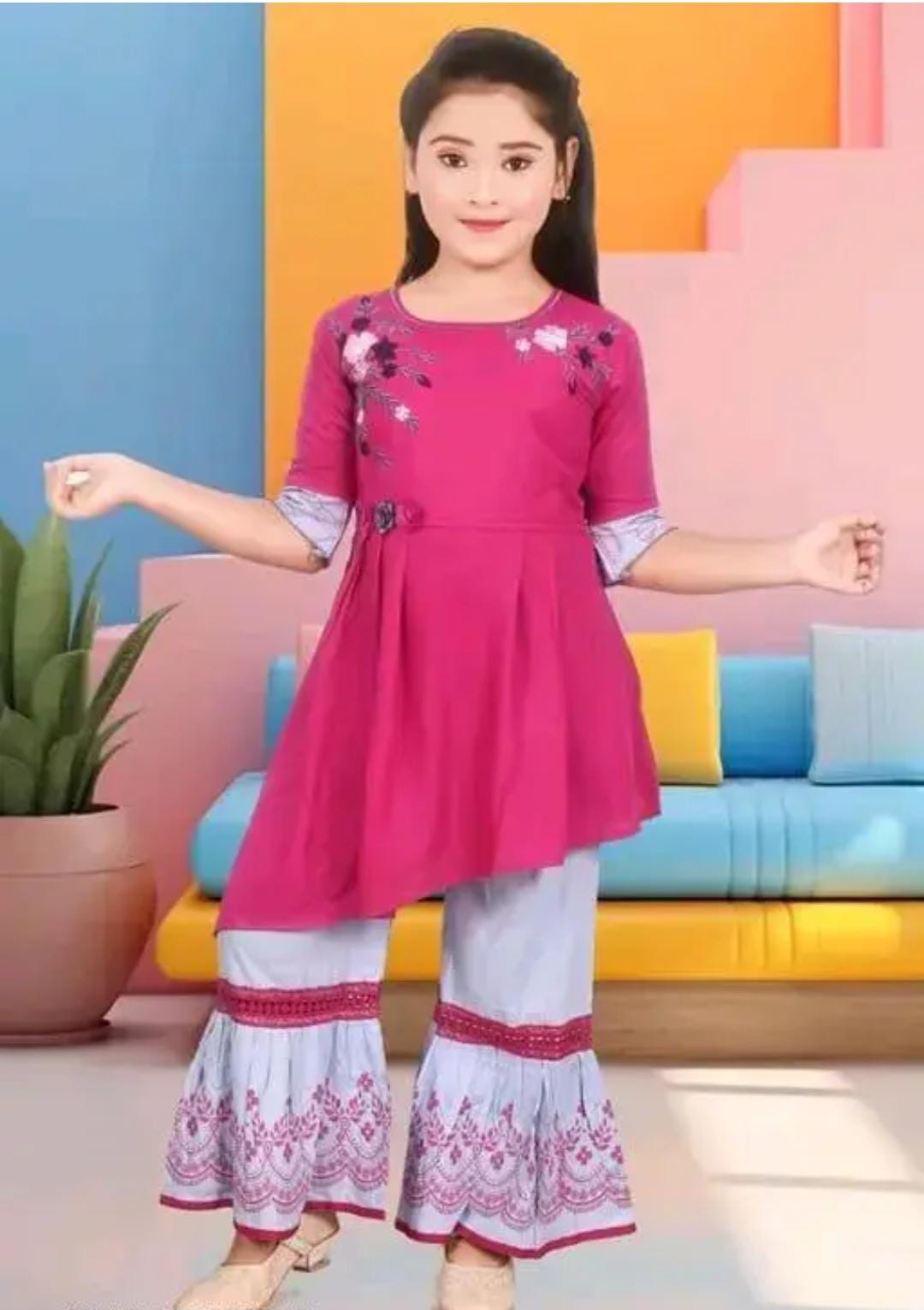 No.1 Choice for Kids Ethnic Wear – Trendy Girls Kurti Palazzo Set with Embroidered Palazzo - Image 4